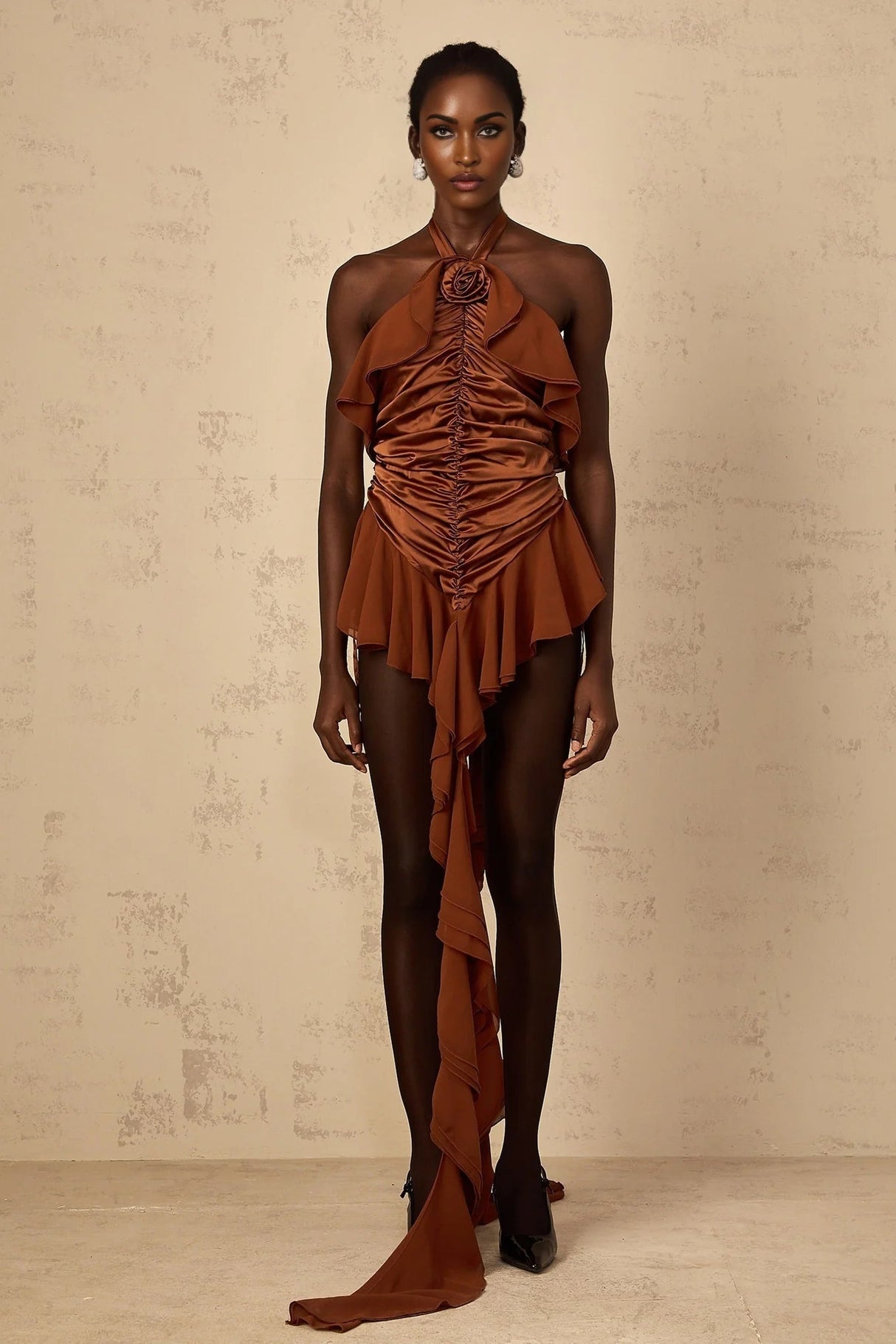 Annunziata Mini Dress Brown Floral Ruched Halter - neck & Applique