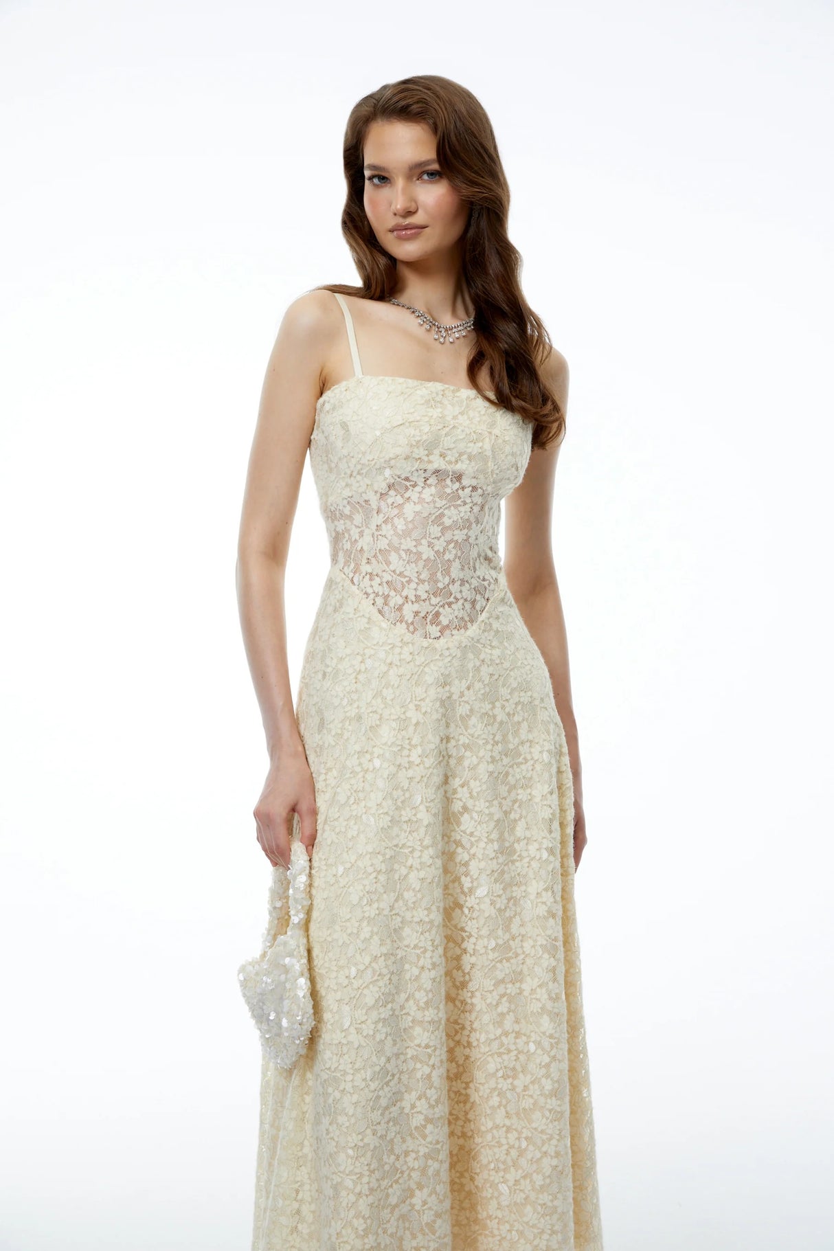 Anouk Cream Sleeveless Maxi Dress with Lace Panels