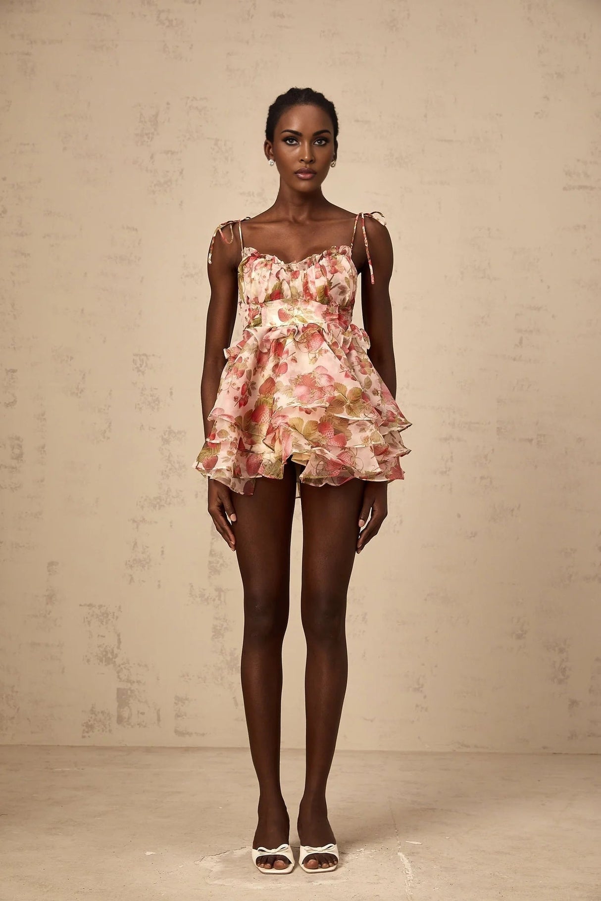 Antonella Mini Dress Strawberry - Print Tiered Flounce & Lace - Up