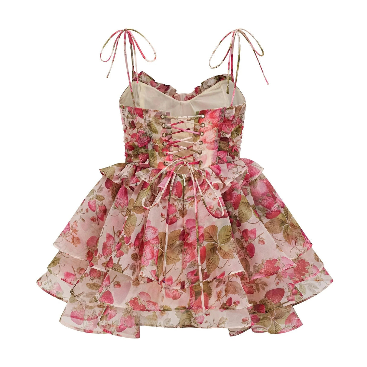 Antonella Mini Dress Strawberry - Print Tiered Flounce & Lace - Up