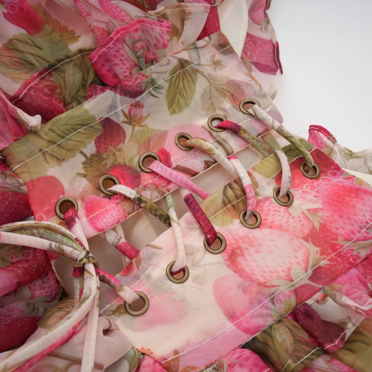 Antonella Mini Dress Strawberry - Print Tiered Flounce & Lace - Up