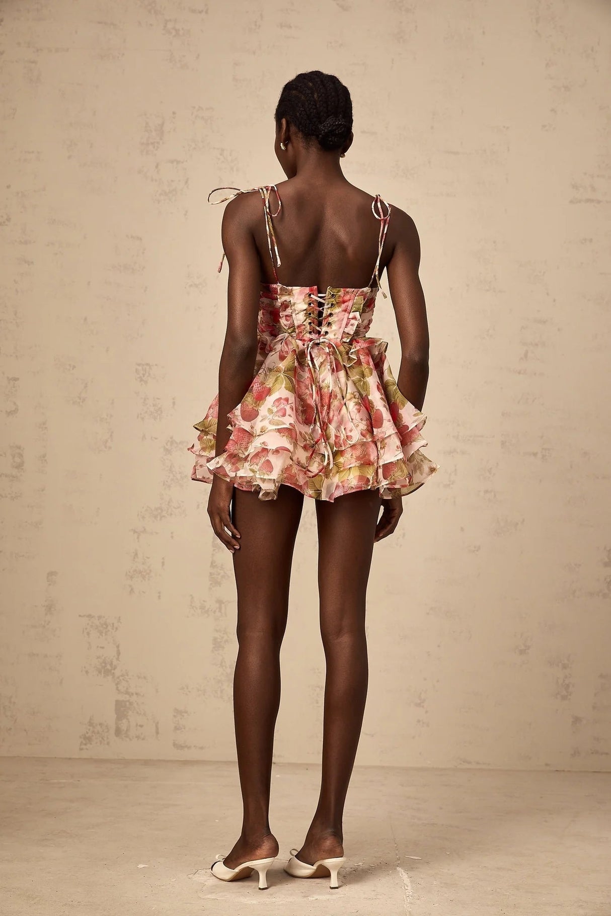 Antonella Mini Dress Strawberry - Print Tiered Flounce & Lace - Up