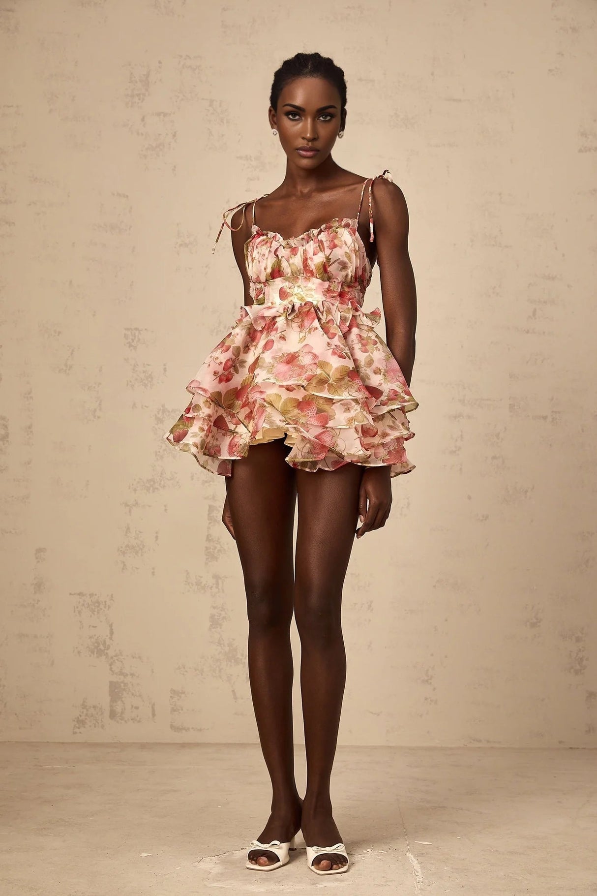 Antonella Mini Dress Strawberry - Print Tiered Flounce & Lace - Up