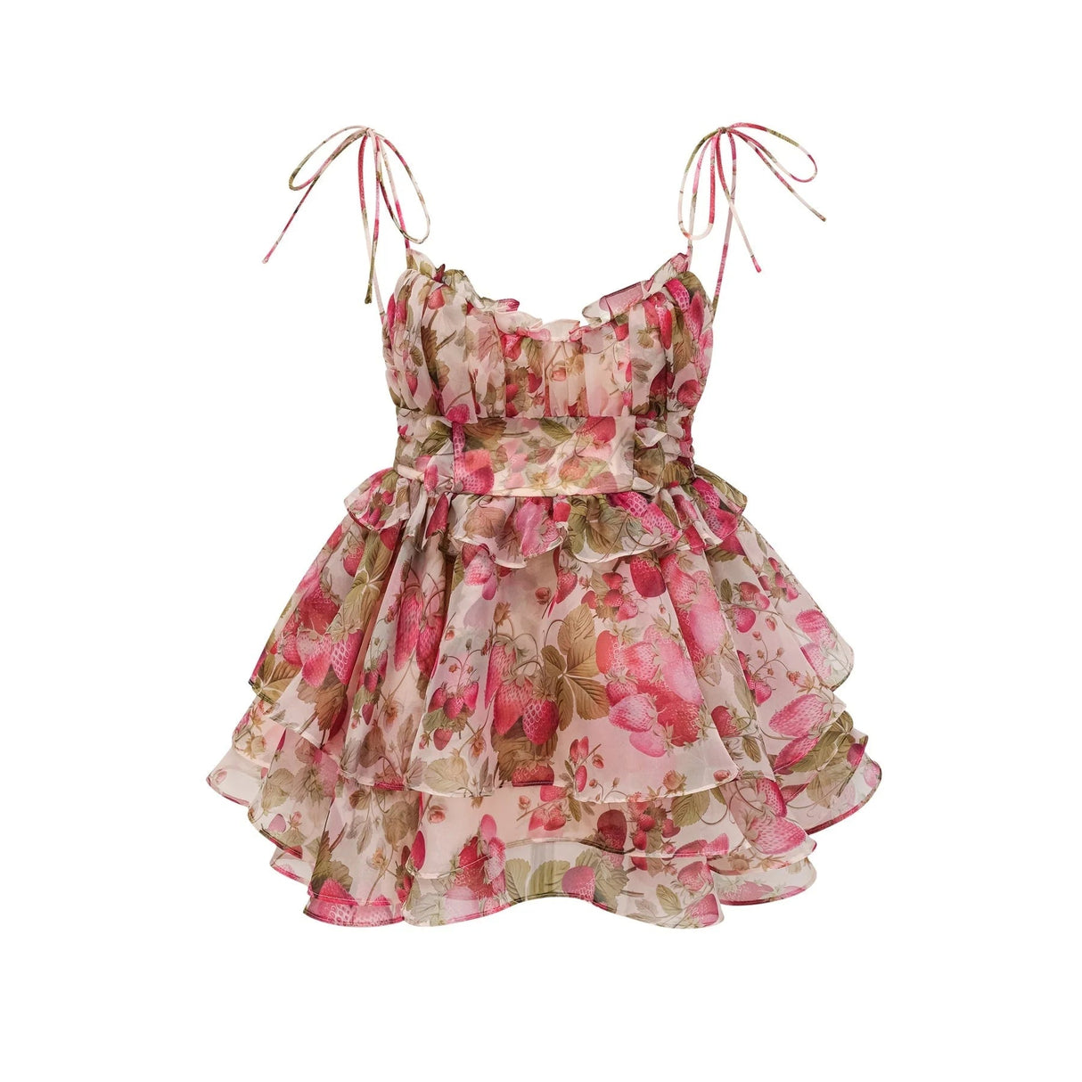 Antonella Mini Dress Strawberry - Print Tiered Flounce & Lace - Up