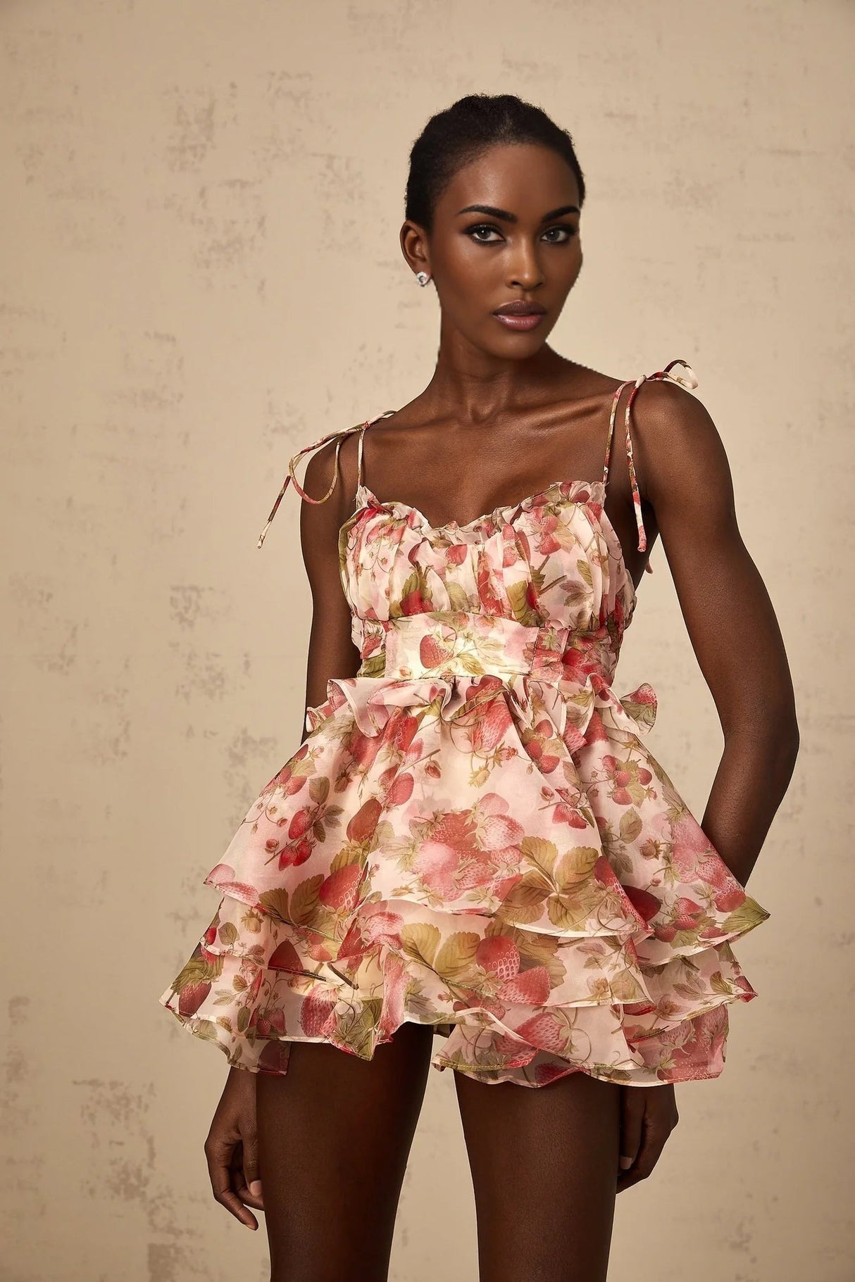 Antonella Mini Dress Strawberry - Print Tiered Flounce & Lace - Up