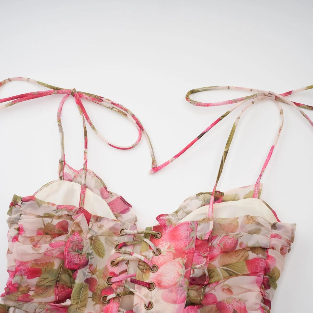 Antonella Mini Dress Strawberry - Print Tiered Flounce & Lace - Up