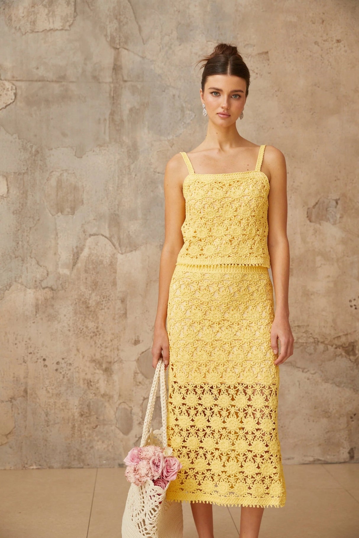 Antonella Top & Skirt Set Yellow Crochet - Knit Cut - Out Matching Ensemble