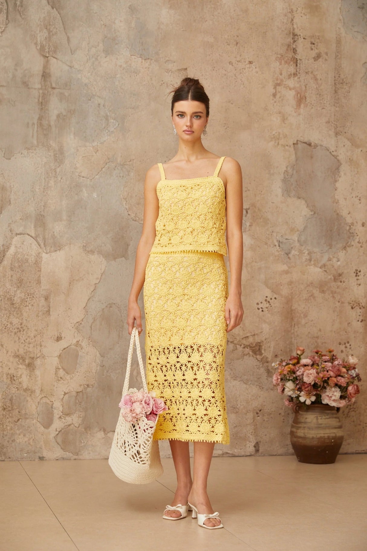 Antonella Top & Skirt Set Yellow Crochet - Knit Cut - Out Matching Ensemble