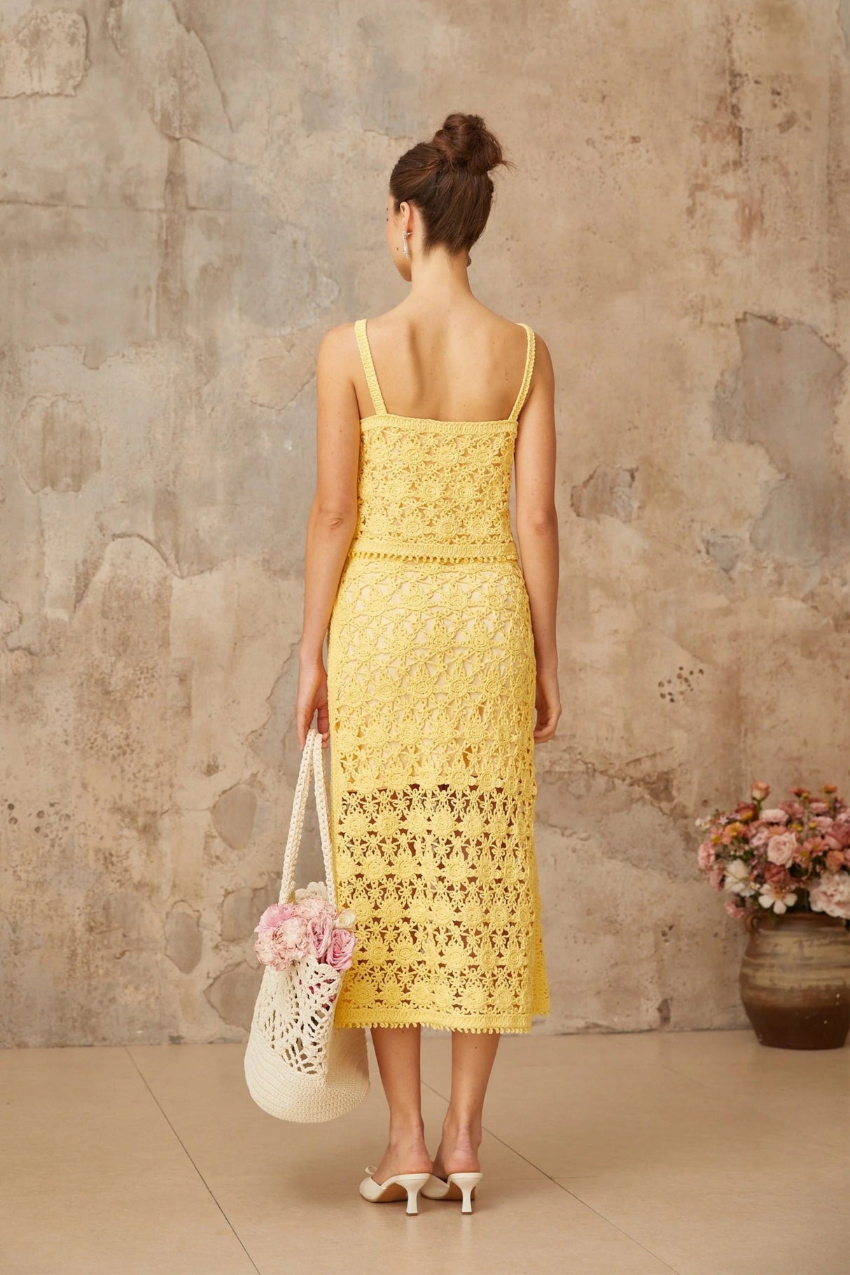 Antonella Top & Skirt Set Yellow Crochet - Knit Cut - Out Matching Ensemble