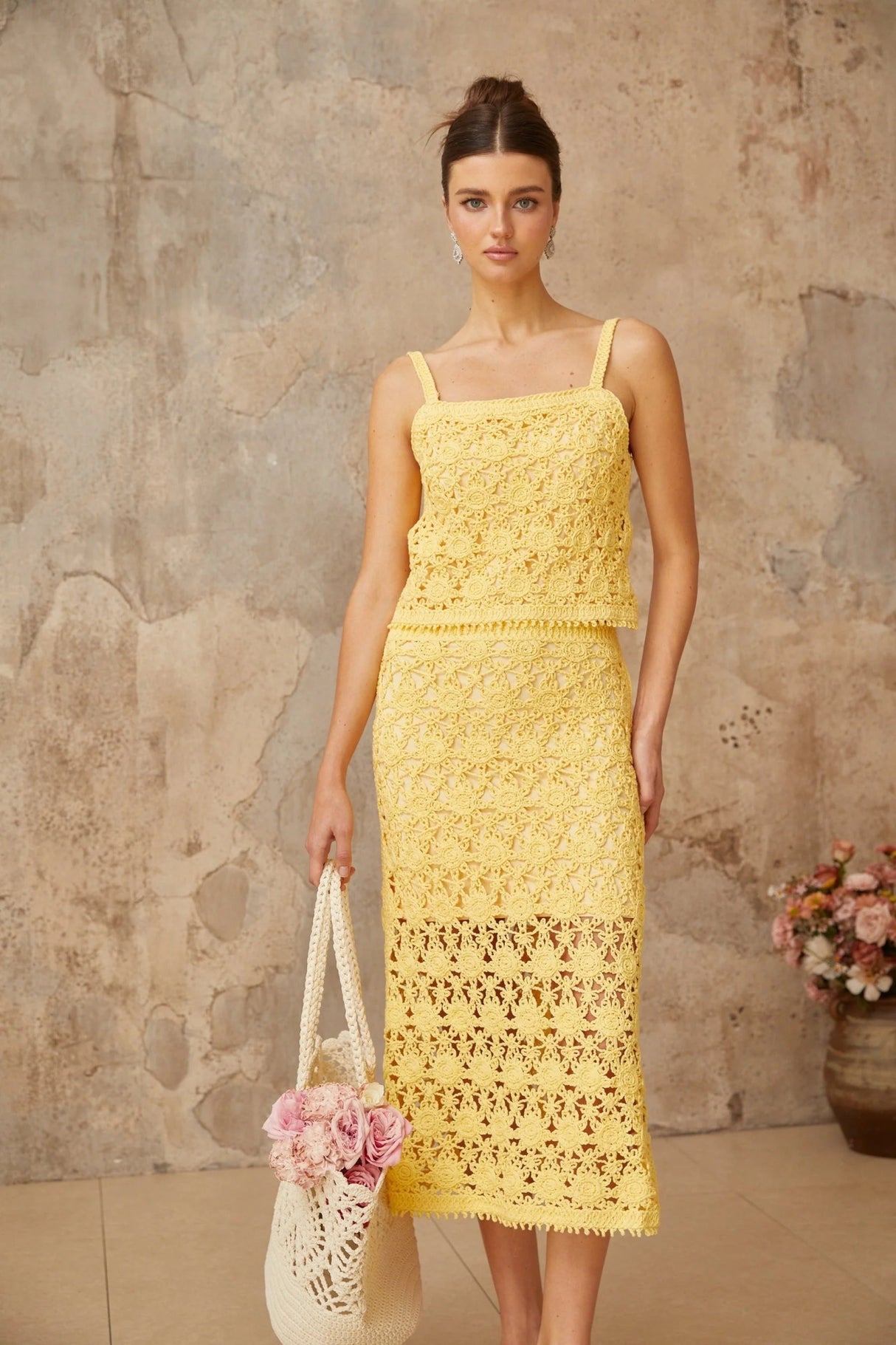Antonella Top & Skirt Set Yellow Crochet - Knit Cut - Out Matching Ensemble