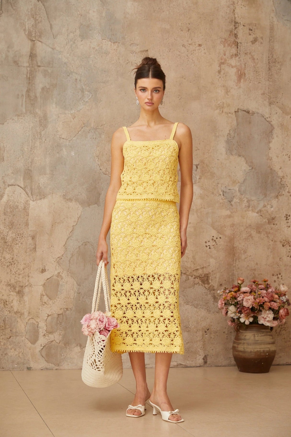 Antonella Top & Skirt Set Yellow Crochet - Knit Cut - Out Matching Ensemble