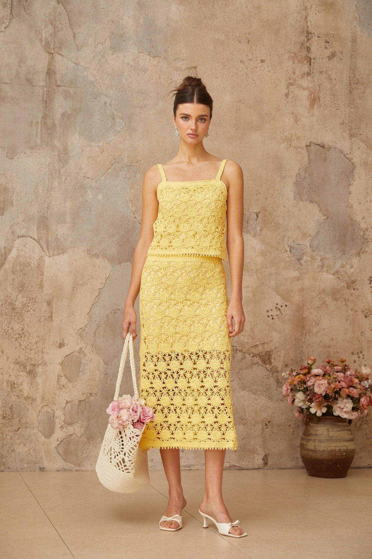 Antonella Top & Skirt Set Yellow Crochet - Knit Cut - Out Matching Ensemble