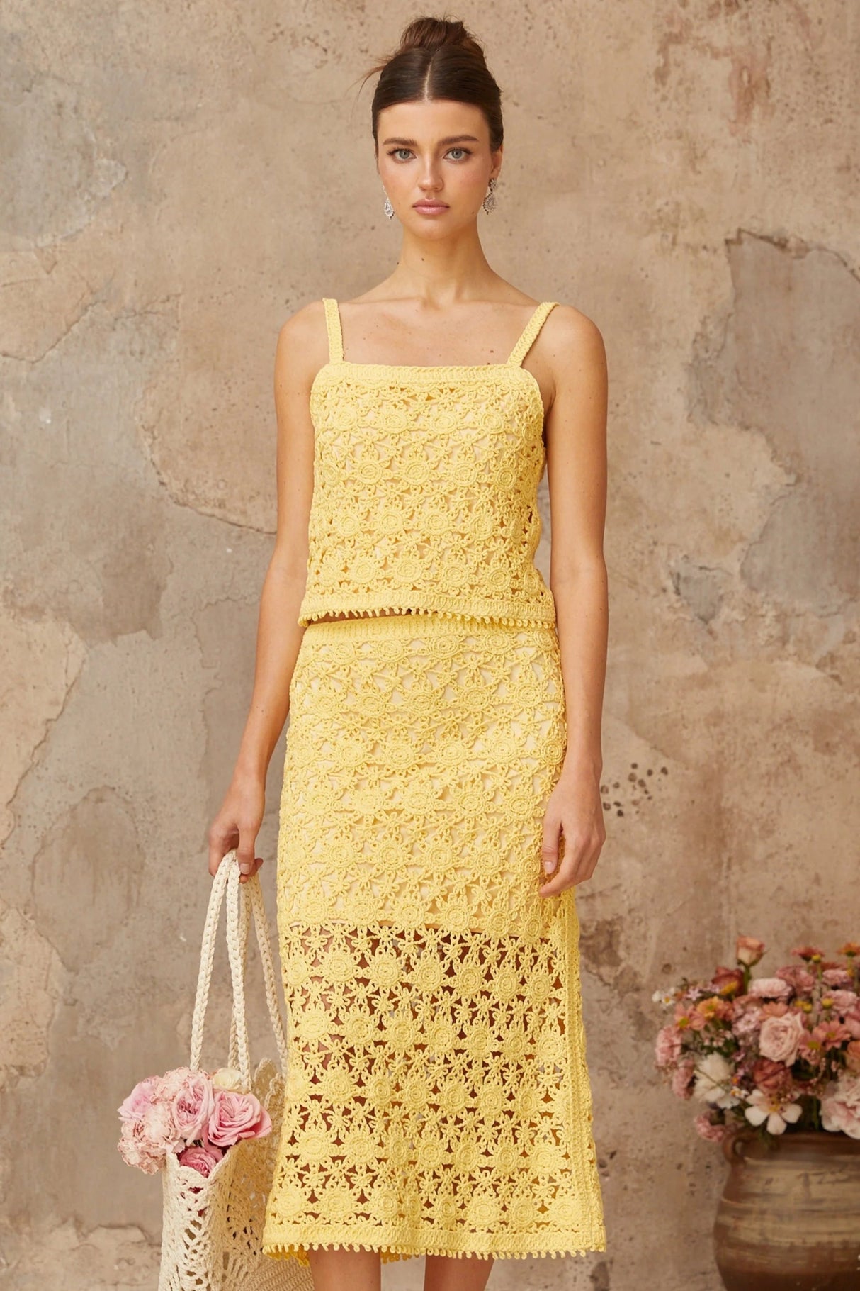 Antonella Top & Skirt Set Yellow Crochet - Knit Cut - Out Matching Ensemble