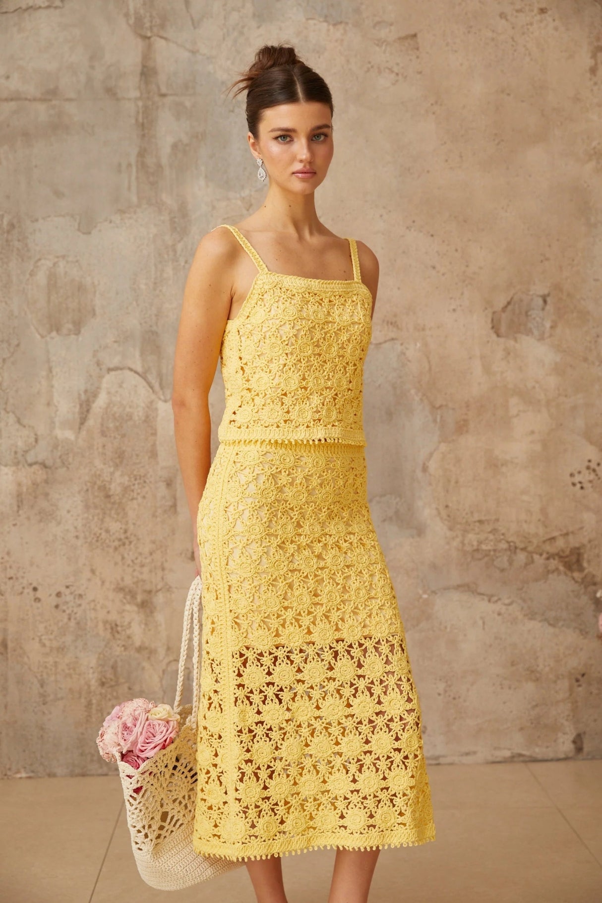 Antonella Top & Skirt Set Yellow Crochet - Knit Cut - Out Matching Ensemble