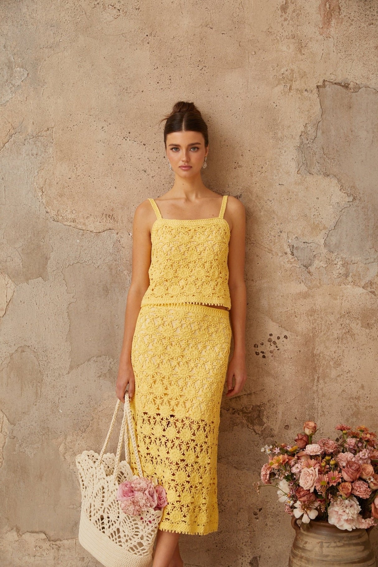 Antonella Top & Skirt Set Yellow Crochet - Knit Cut - Out Matching Ensemble