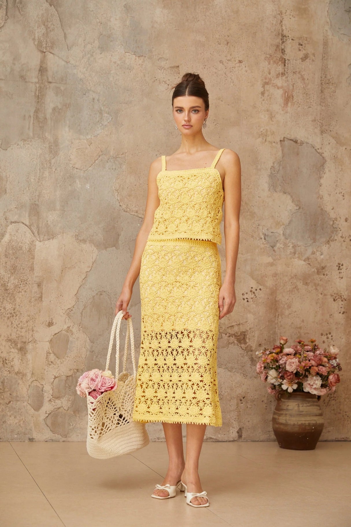 Antonella Top & Skirt Set Yellow Crochet - Knit Cut - Out Matching Ensemble