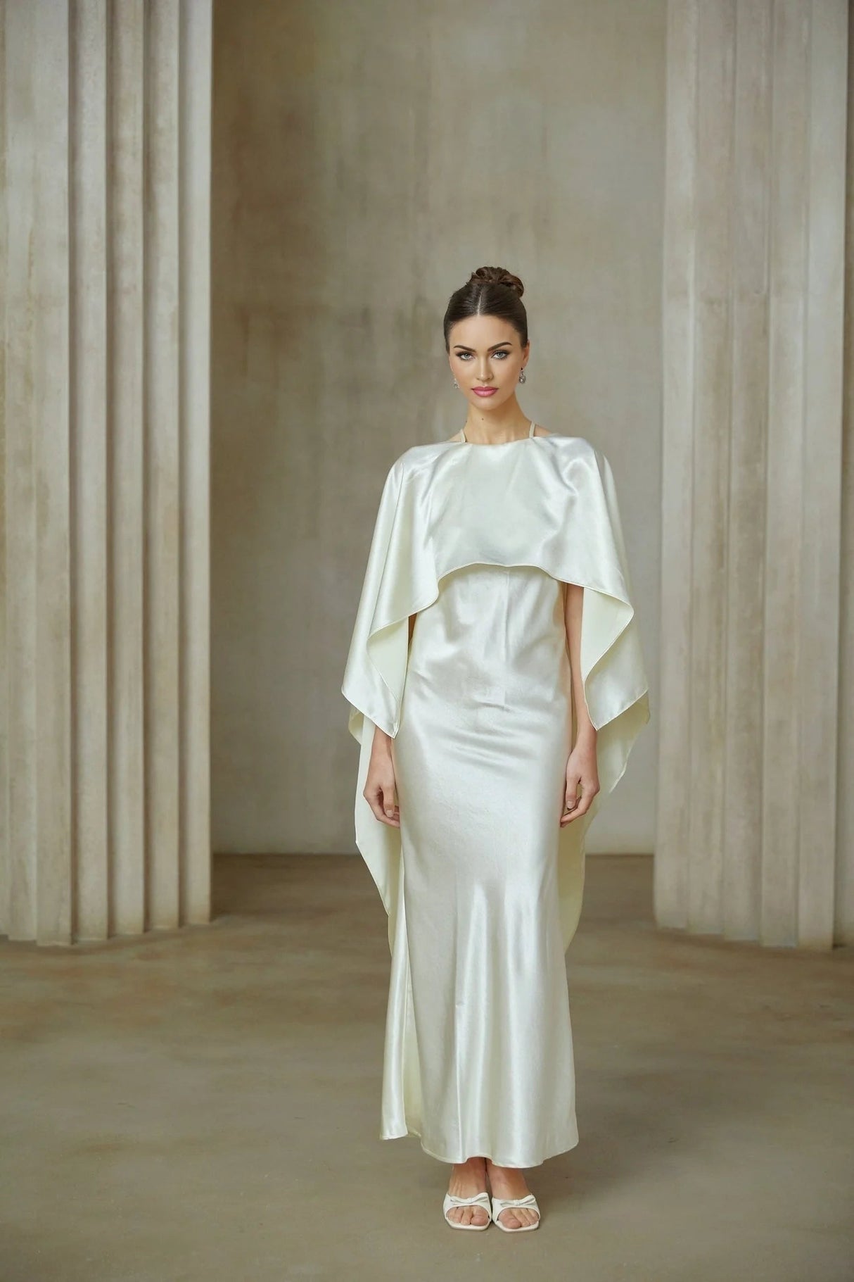 Antonia Maxi Dress White Satin Shawl - Panel With Open Back & Cinched Waist