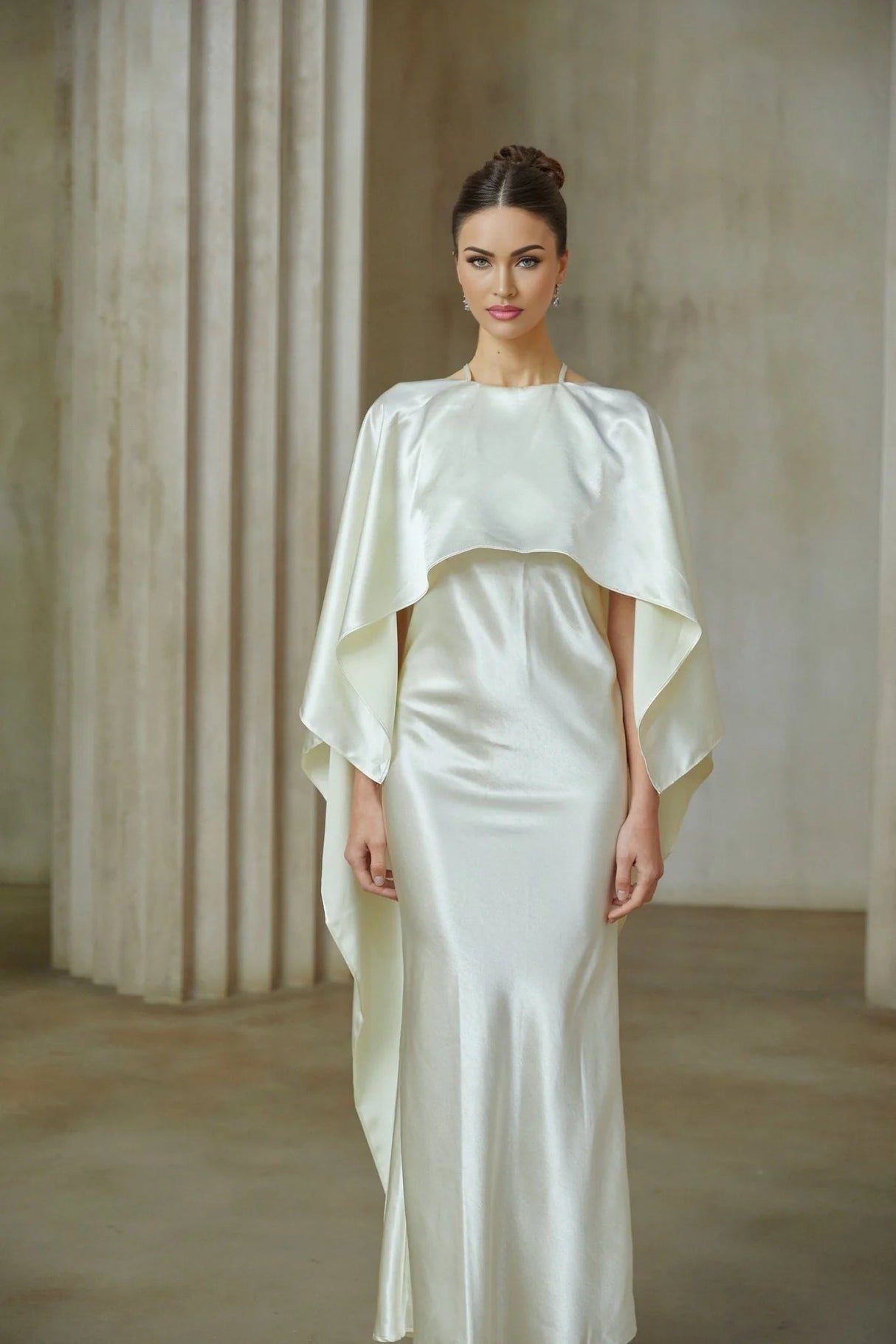 Antonia Maxi Dress White Satin Shawl - Panel With Open Back & Cinched Waist