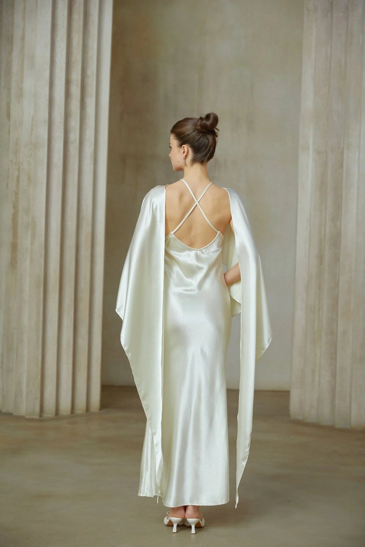 Antonia Maxi Dress White Satin Shawl - Panel With Open Back & Cinched Waist