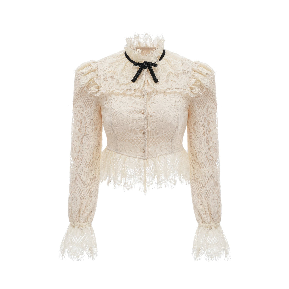 Antonietta Blouse - Flared Cuffs - Frilled Neck - Bow Detailing - Floral Lace Overlay - Cropped