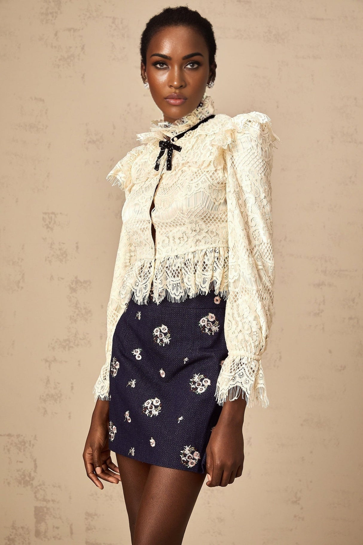 Antonietta Blouse - Flared Cuffs - Frilled Neck - Bow Detailing - Floral Lace Overlay - Cropped