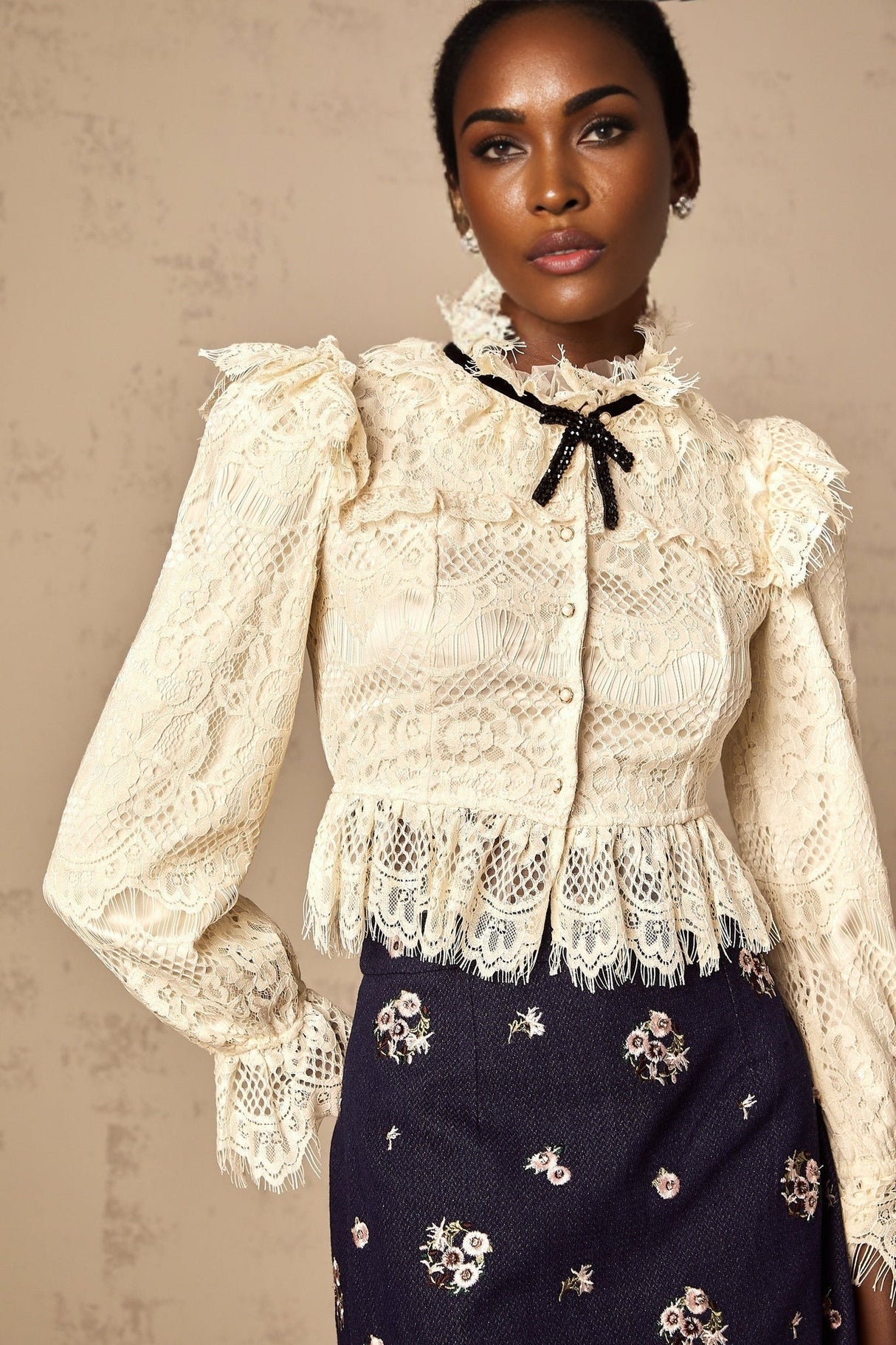 Antonietta Blouse - Flared Cuffs - Frilled Neck - Bow Detailing - Floral Lace Overlay - Cropped