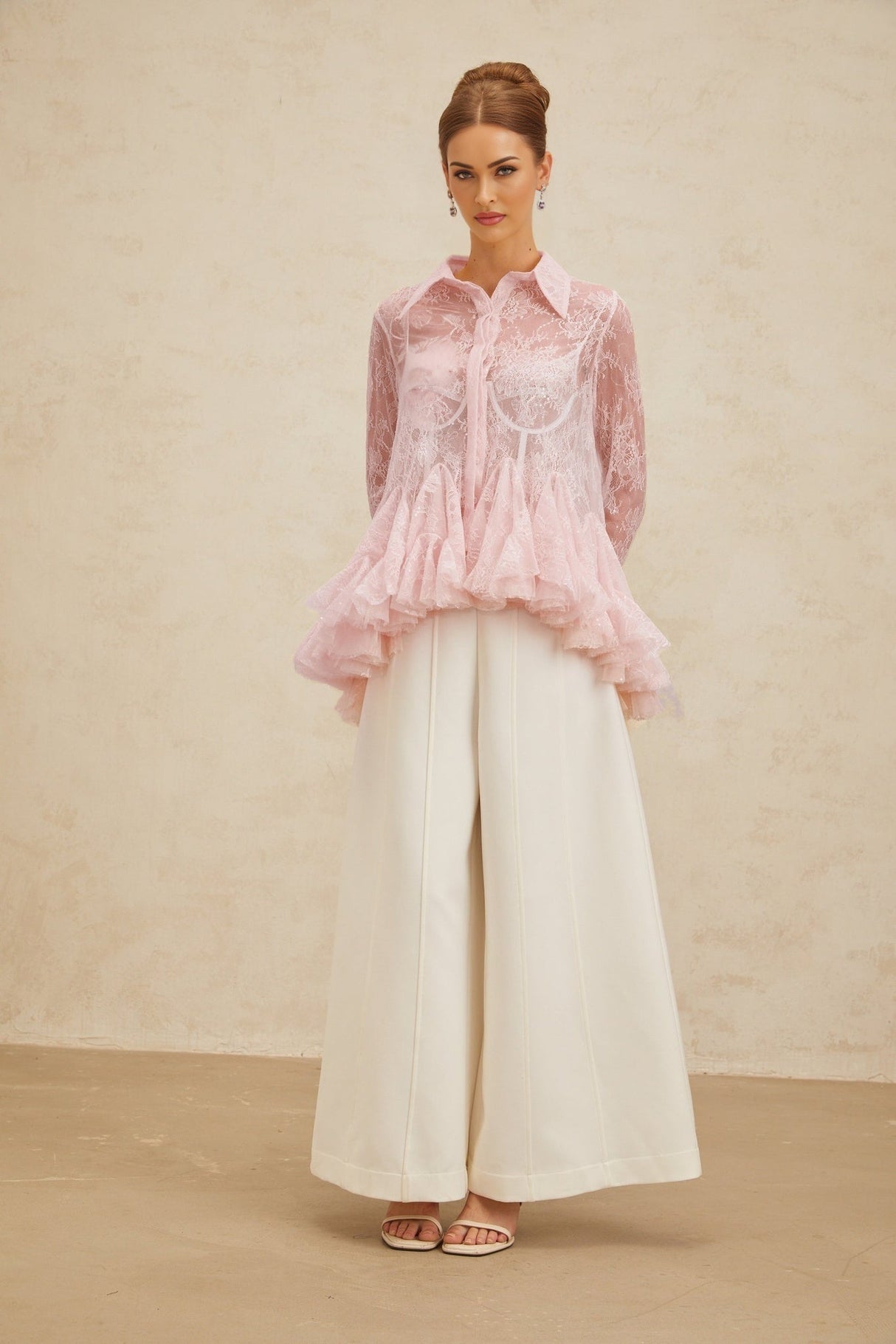 Antonietta Blouse - Pointed Collar - Flared Sleeves - Semi - Sheer Lace - Ruffled Sequin Embellished - Peplum Hem