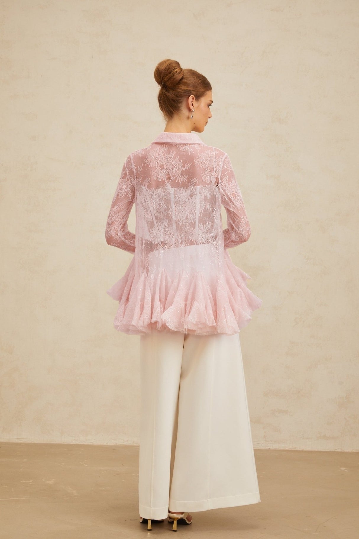 Antonietta Blouse - Pointed Collar - Flared Sleeves - Semi - Sheer Lace - Ruffled Sequin Embellished - Peplum Hem