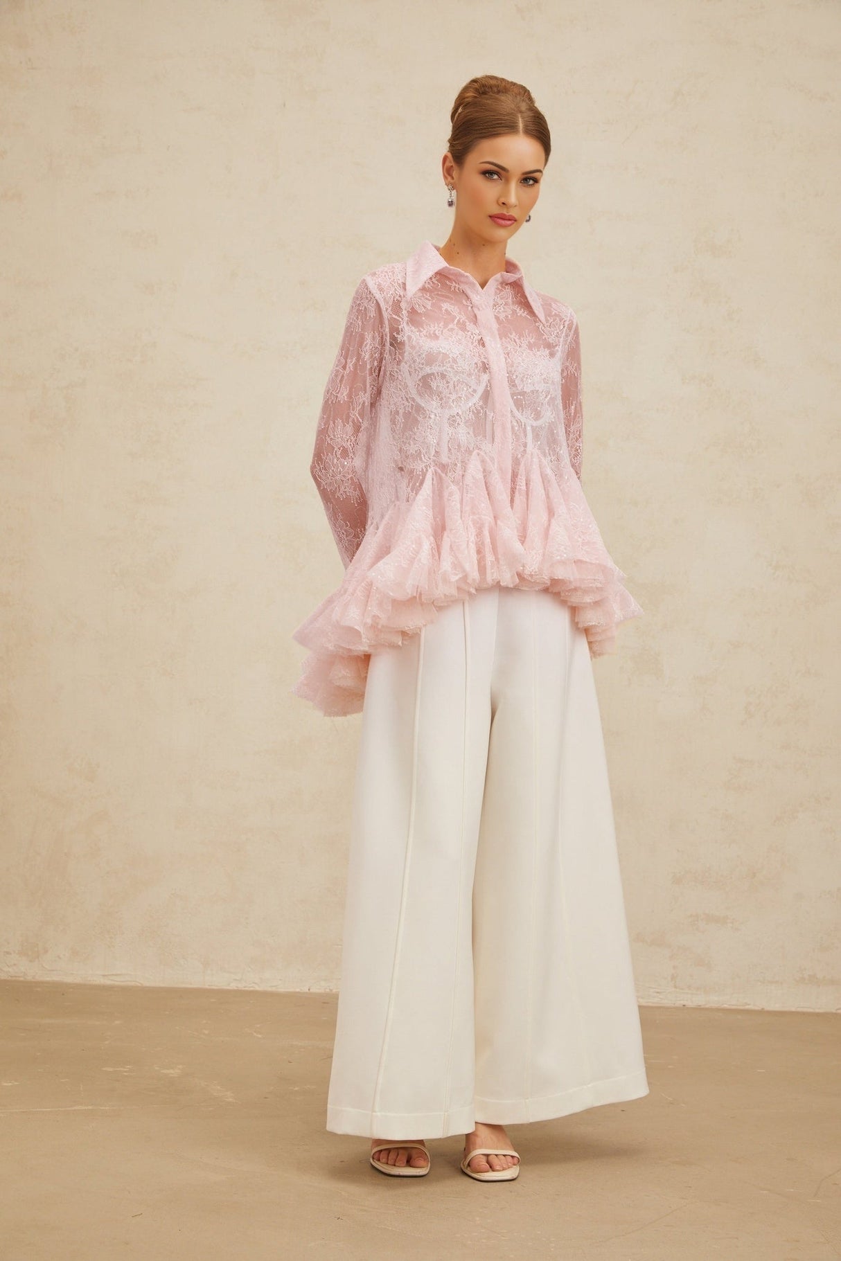 Antonietta Blouse - Pointed Collar - Flared Sleeves - Semi - Sheer Lace - Ruffled Sequin Embellished - Peplum Hem