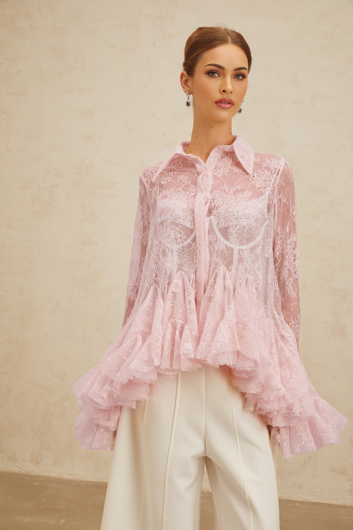 Antonietta Blouse - Pointed Collar - Flared Sleeves - Semi - Sheer Lace - Ruffled Sequin Embellished - Peplum Hem