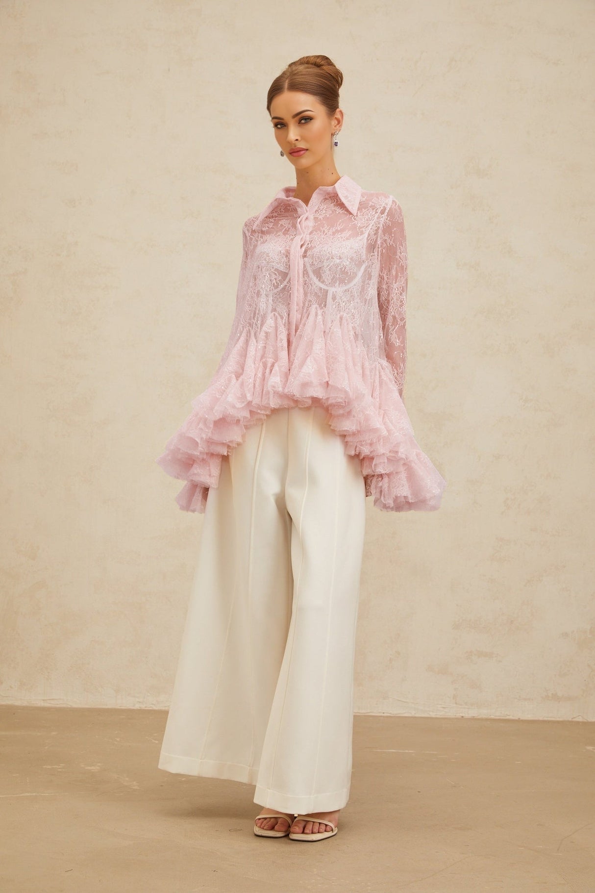 Antonietta Blouse - Pointed Collar - Flared Sleeves - Semi - Sheer Lace - Ruffled Sequin Embellished - Peplum Hem