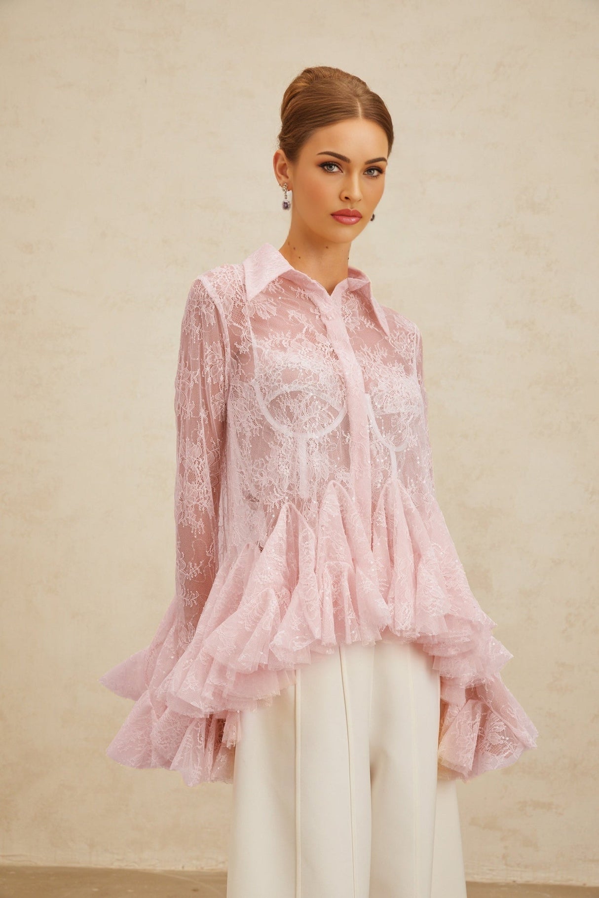 Antonietta Blouse - Pointed Collar - Flared Sleeves - Semi - Sheer Lace - Ruffled Sequin Embellished - Peplum Hem