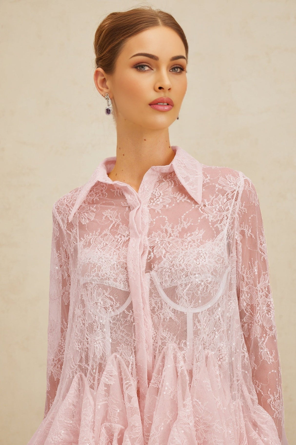Antonietta Blouse - Pointed Collar - Flared Sleeves - Semi - Sheer Lace - Ruffled Sequin Embellished - Peplum Hem