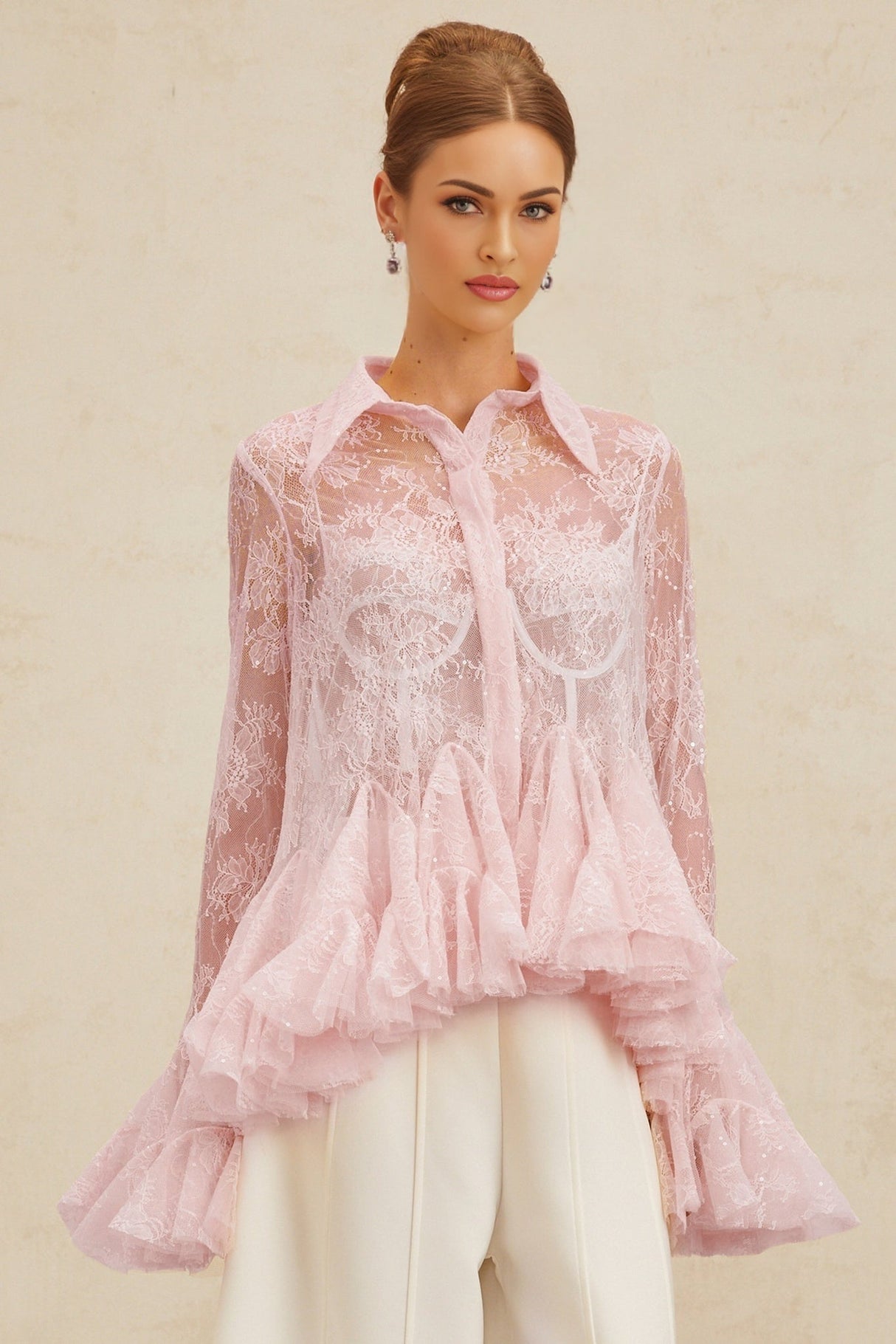 Antonietta Blouse - Pointed Collar - Flared Sleeves - Semi - Sheer Lace - Ruffled Sequin Embellished - Peplum Hem