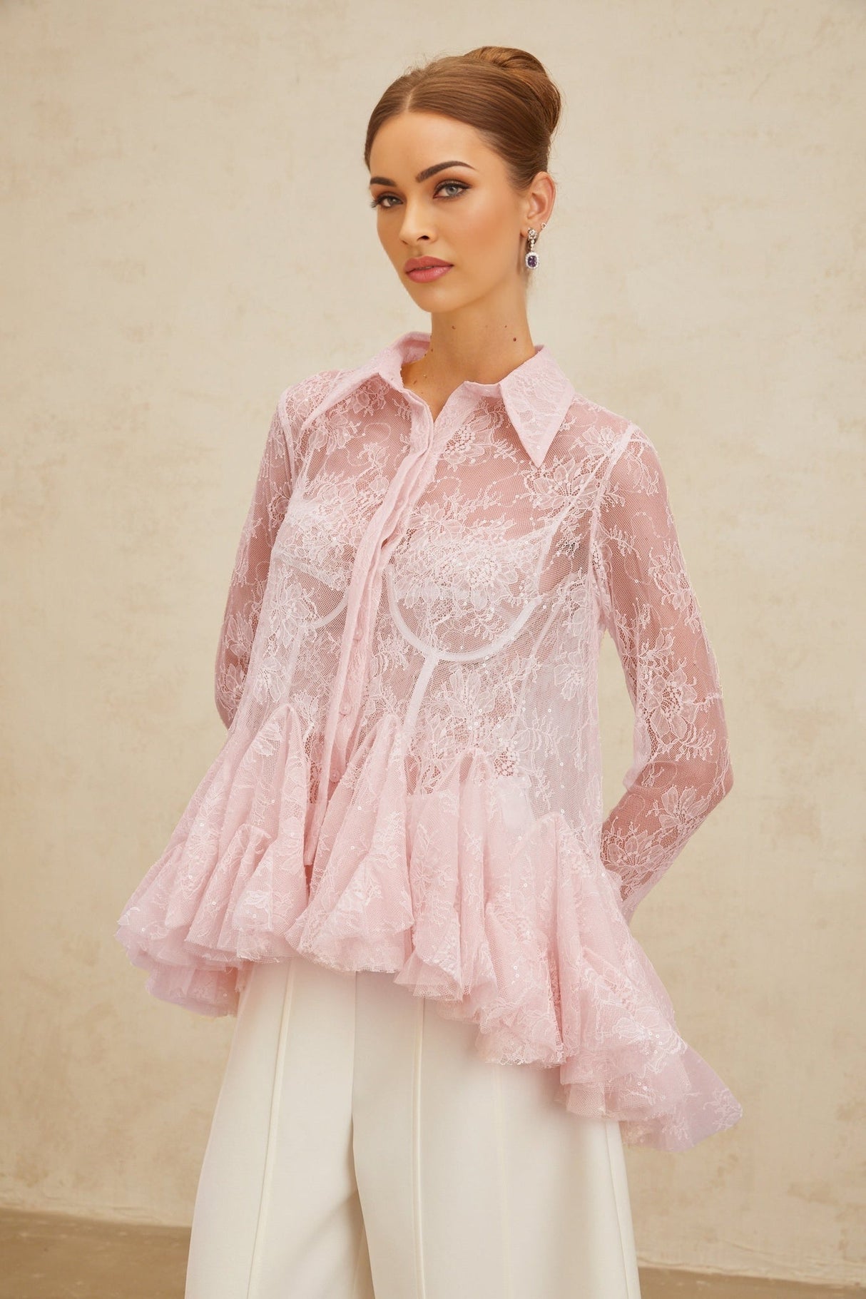 Antonietta Blouse - Pointed Collar - Flared Sleeves - Semi - Sheer Lace - Ruffled Sequin Embellished - Peplum Hem