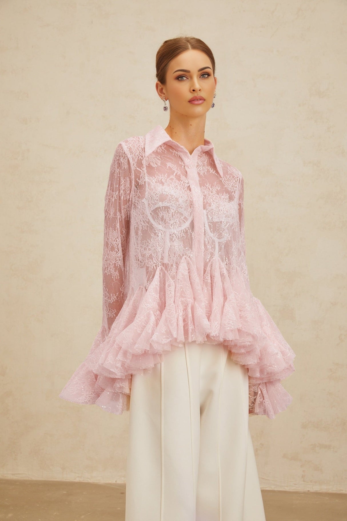 Antonietta Blouse - Pointed Collar - Flared Sleeves - Semi - Sheer Lace - Ruffled Sequin Embellished - Peplum Hem
