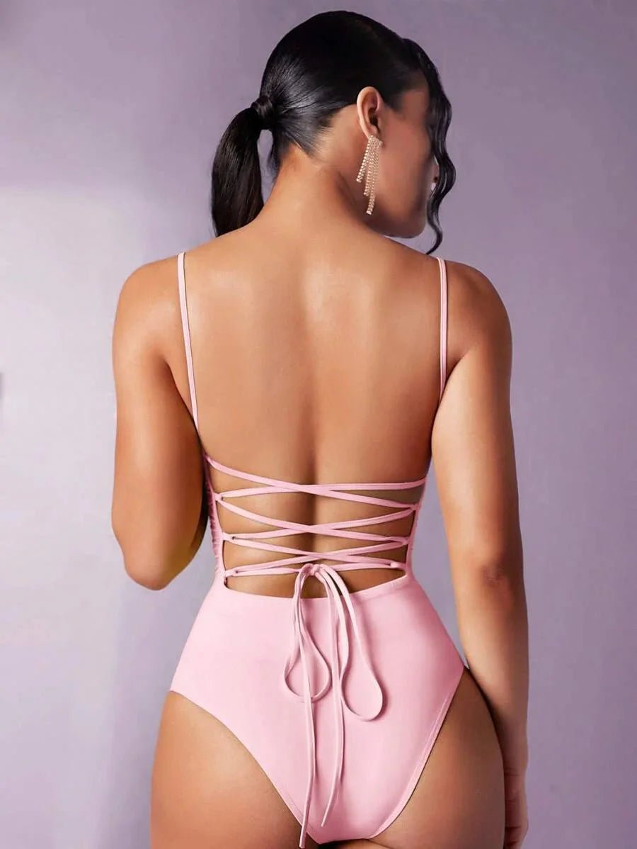 Antonietta Bodysuit - Elasticity: High Stretch - Fit Type: Slim Fit - Fabric: Knitted Fabric - Backless, Lace Up - Style: Casual Style