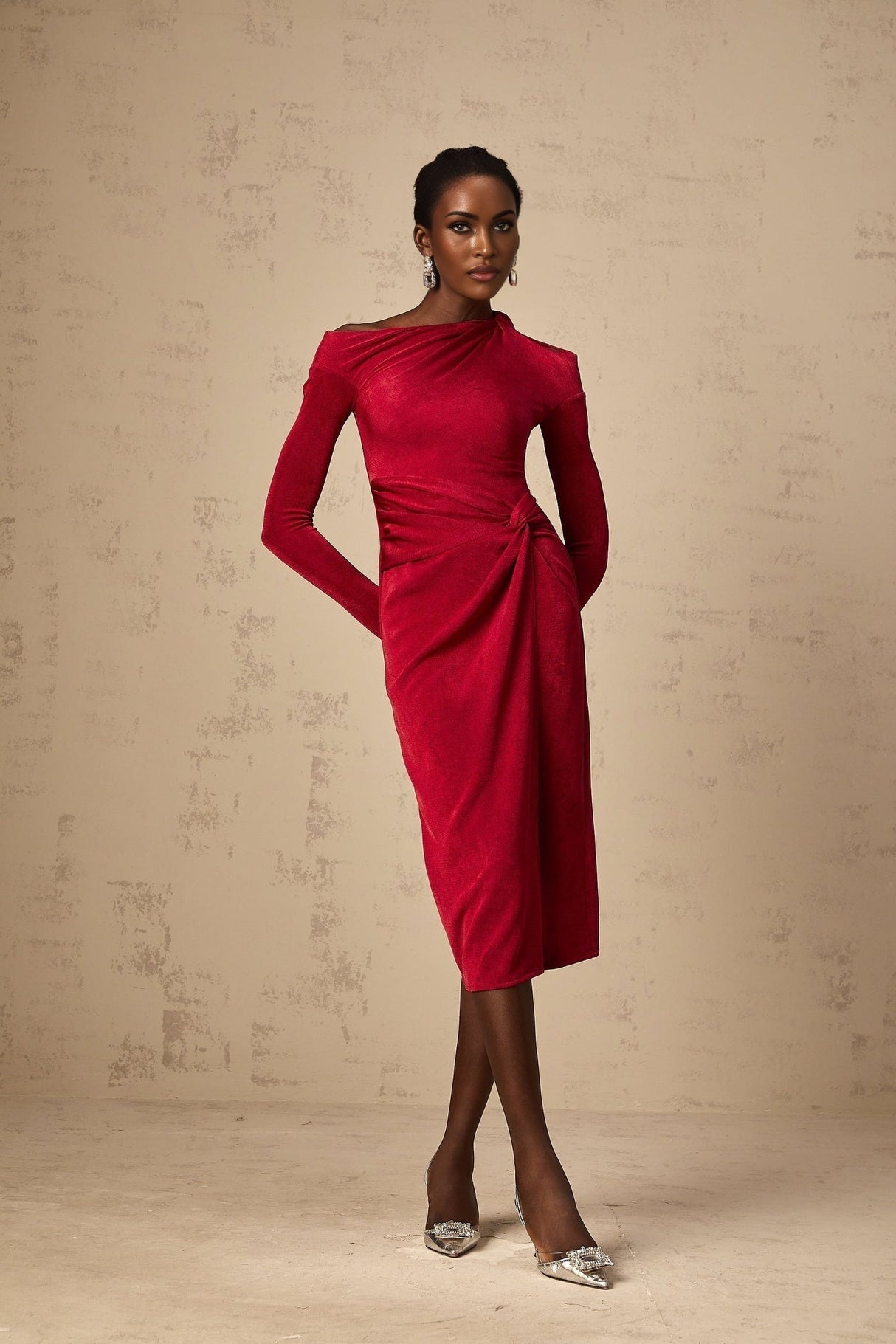 Antonietta Midi Dress - One - Shoulder Design - Long Sleeves - Cut - Out Detailing - High Slit