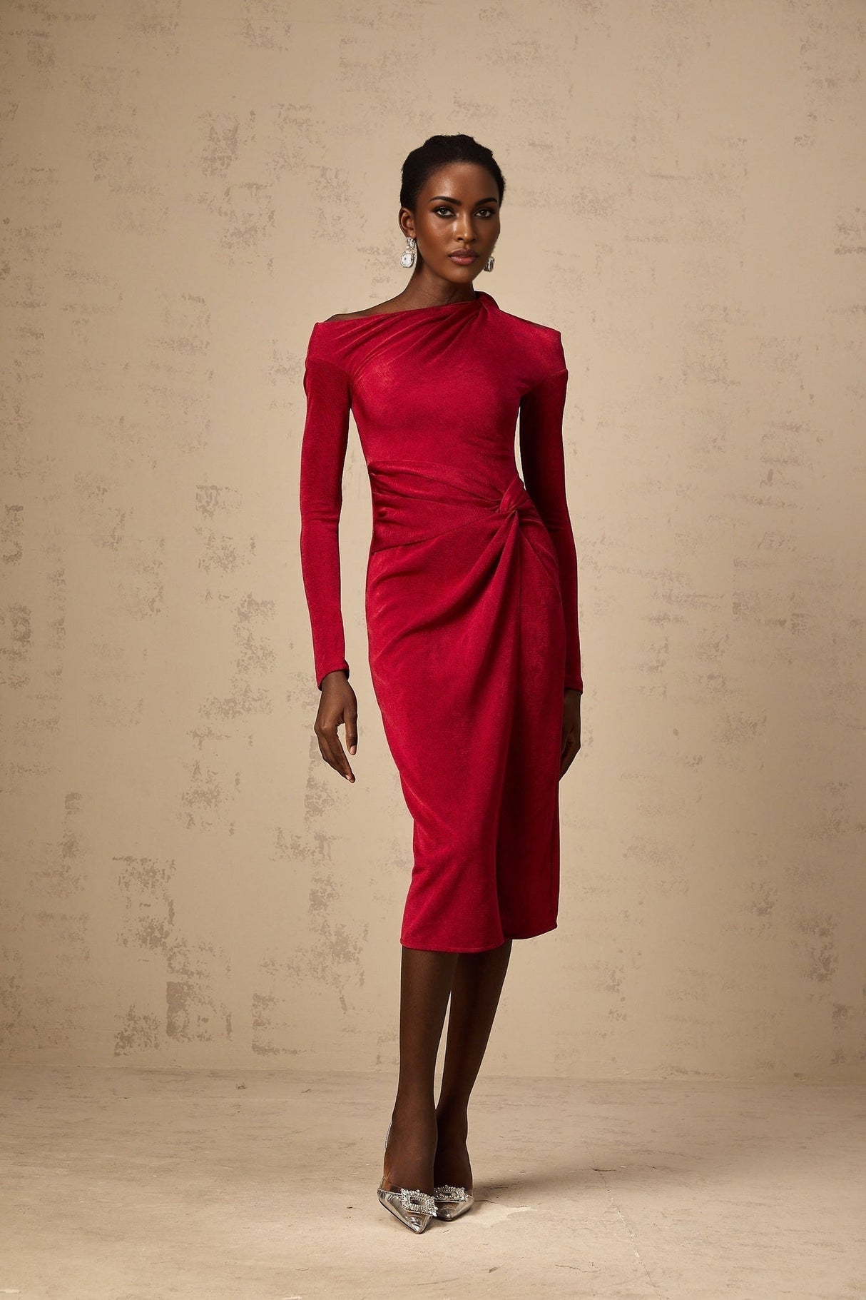 Antonietta Midi Dress - One - Shoulder Design - Long Sleeves - Cut - Out Detailing - High Slit