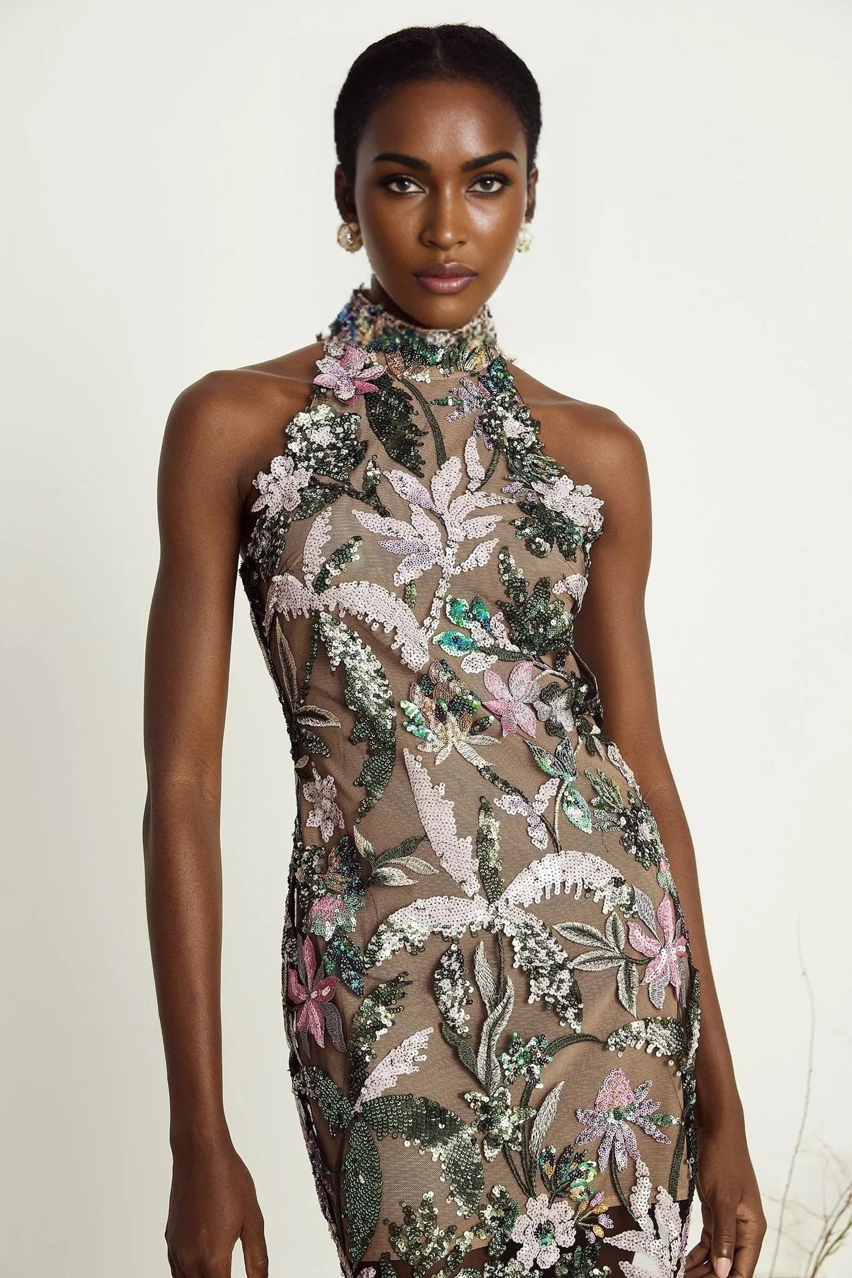 Antonietta Mini Dress - Mock Neck - Sequin Embellishment - Embroidery Detail - Rear Zip Fastening - Thigh Length