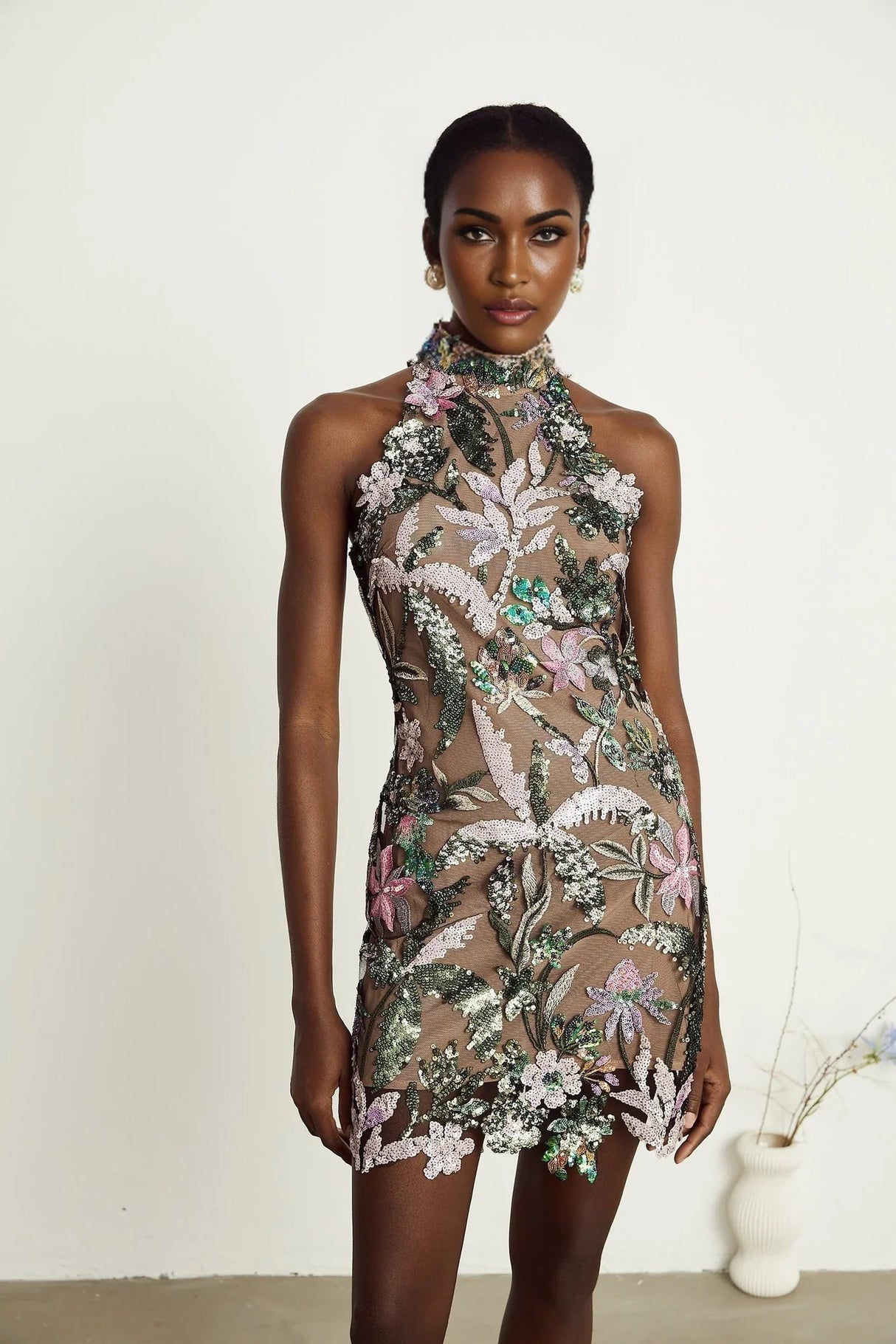 Antonietta Mini Dress - Mock Neck - Sequin Embellishment - Embroidery Detail - Rear Zip Fastening - Thigh Length