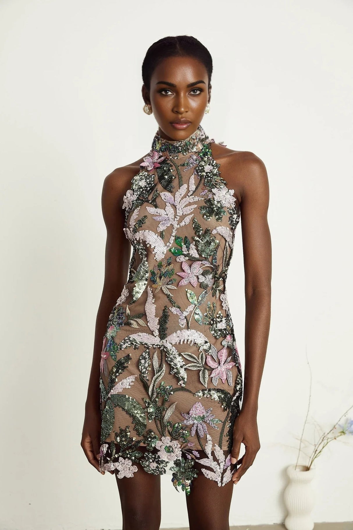 Antonietta Mini Dress - Mock Neck - Sequin Embellishment - Embroidery Detail - Rear Zip Fastening - Thigh Length