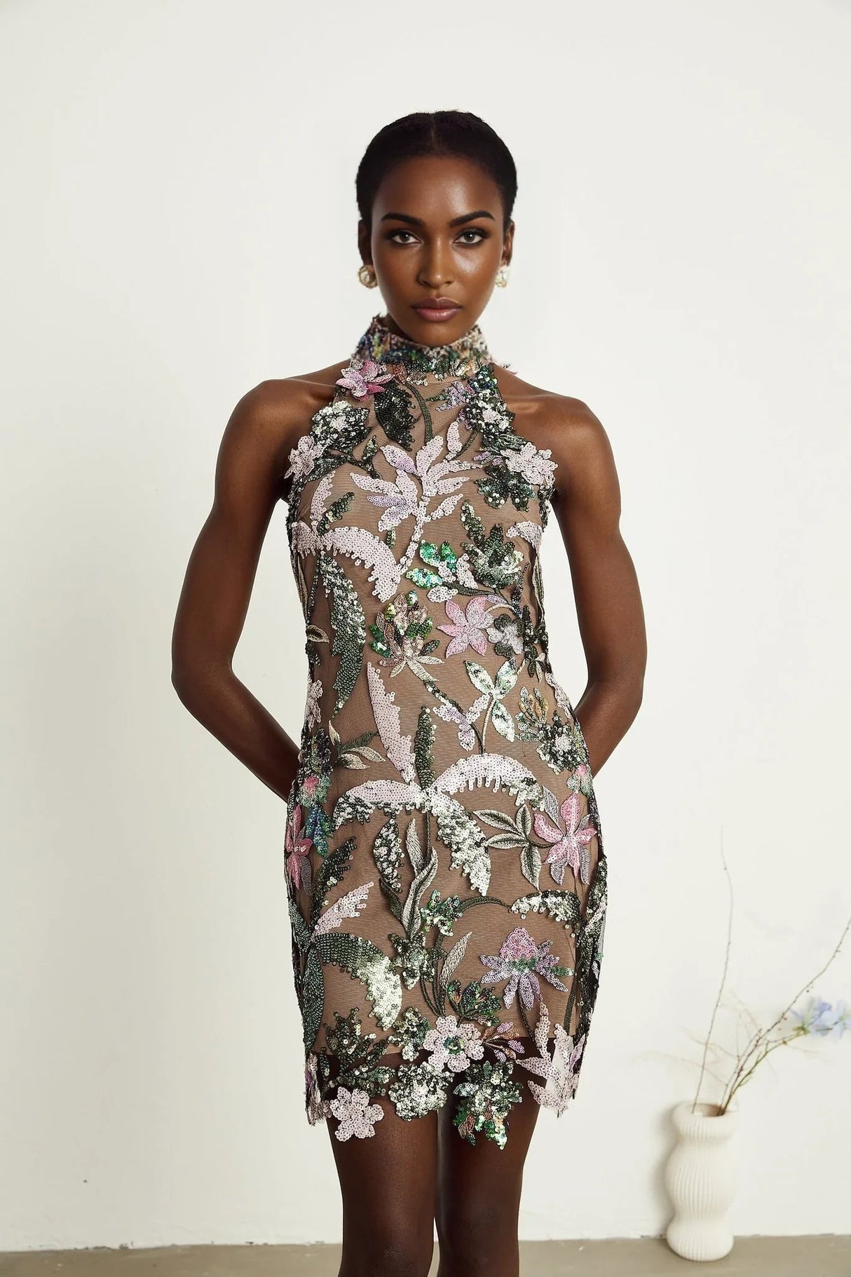 Antonietta Mini Dress - Mock Neck - Sequin Embellishment - Embroidery Detail - Rear Zip Fastening - Thigh Length