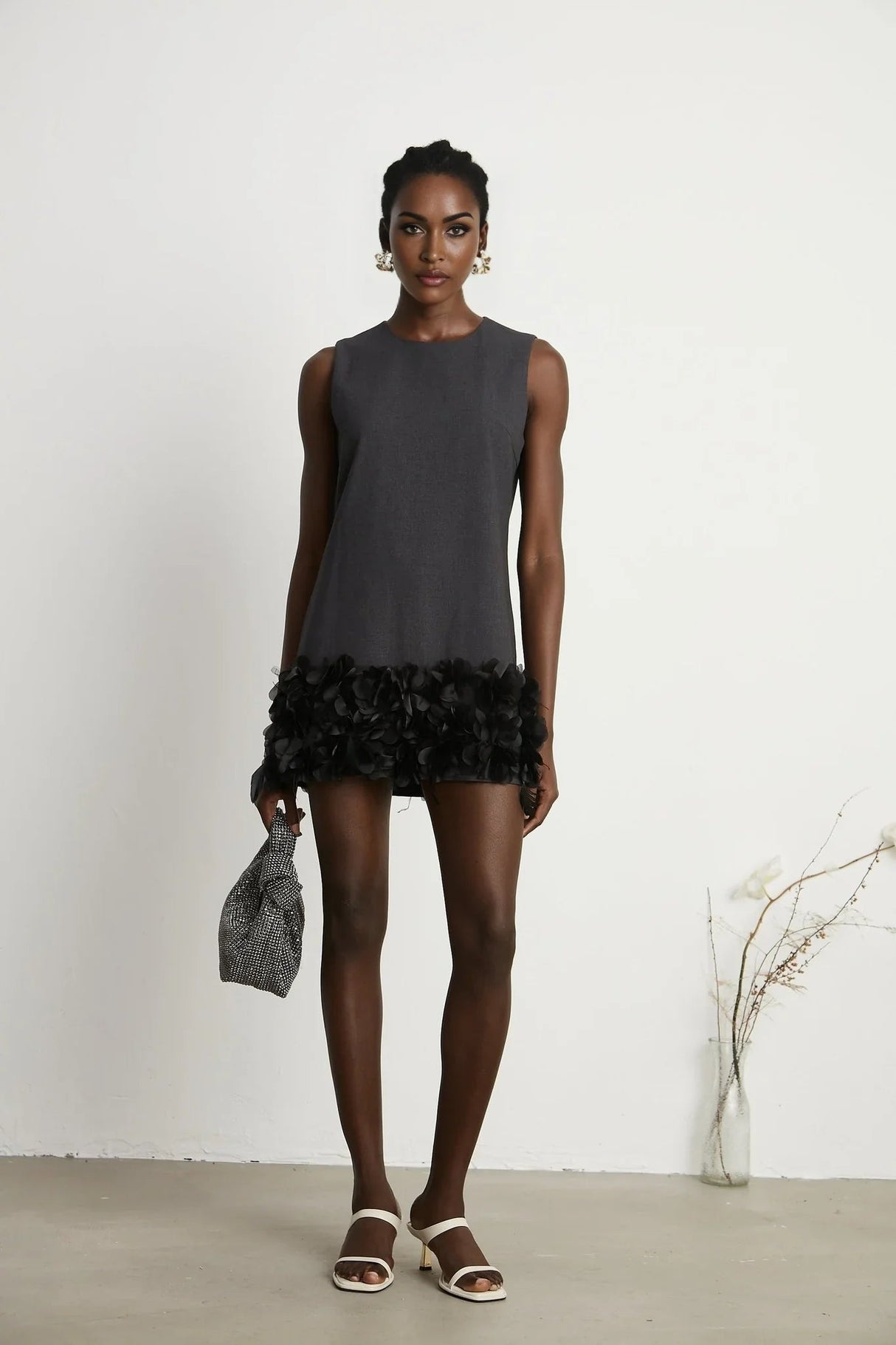 Antonietta Mini Dress - Sleeveless Crew Neck with Feather and Crystal Embellishments