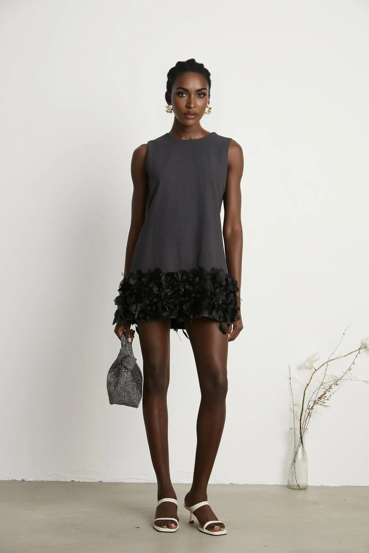 Antonietta Mini Dress - Sleeveless Crew Neck with Feather and Crystal Embellishments