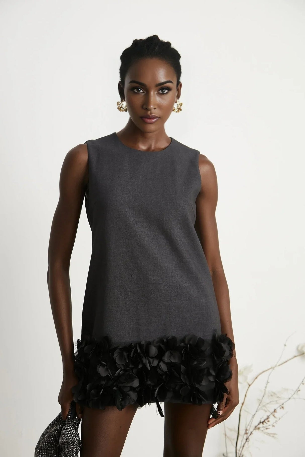 Antonietta Mini Dress - Sleeveless Crew Neck with Feather and Crystal Embellishments