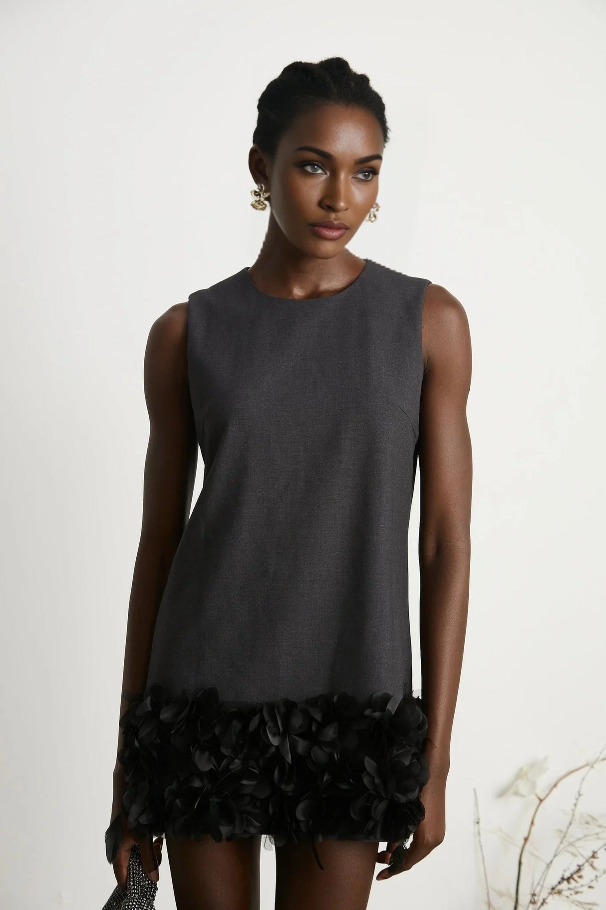 Antonietta Mini Dress - Sleeveless Crew Neck with Feather and Crystal Embellishments