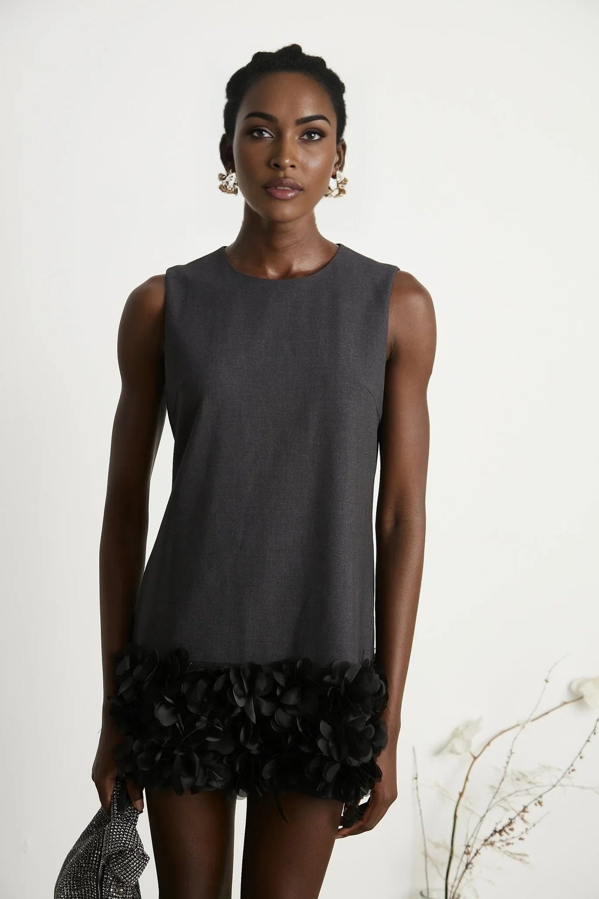 Antonietta Mini Dress - Sleeveless Crew Neck with Feather and Crystal Embellishments