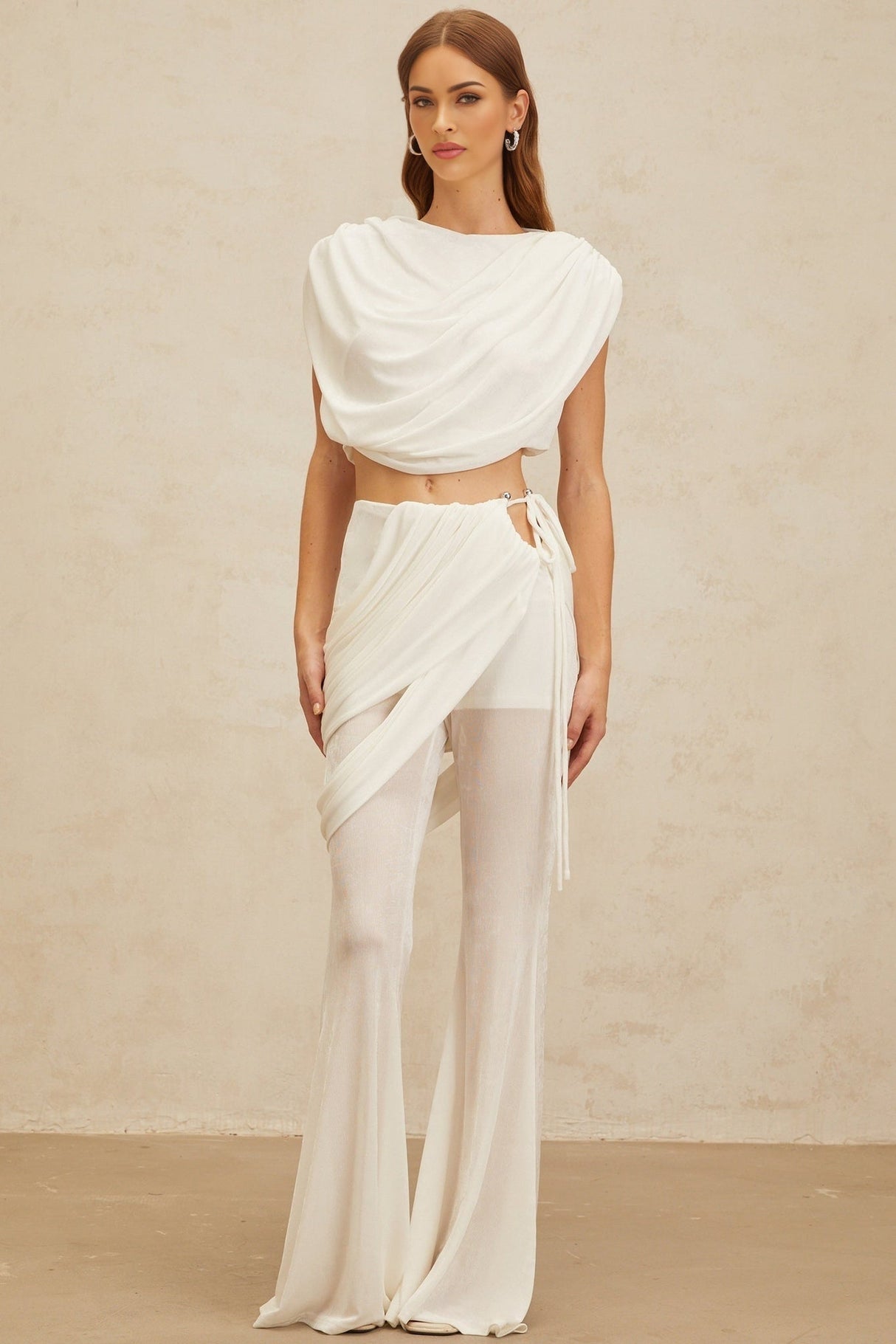 Antonietta Top & Trousers Set - Bateau Neck - Ruched Detailing - Asymmetrical Design - Flared Hem - Self - Tie Fastening