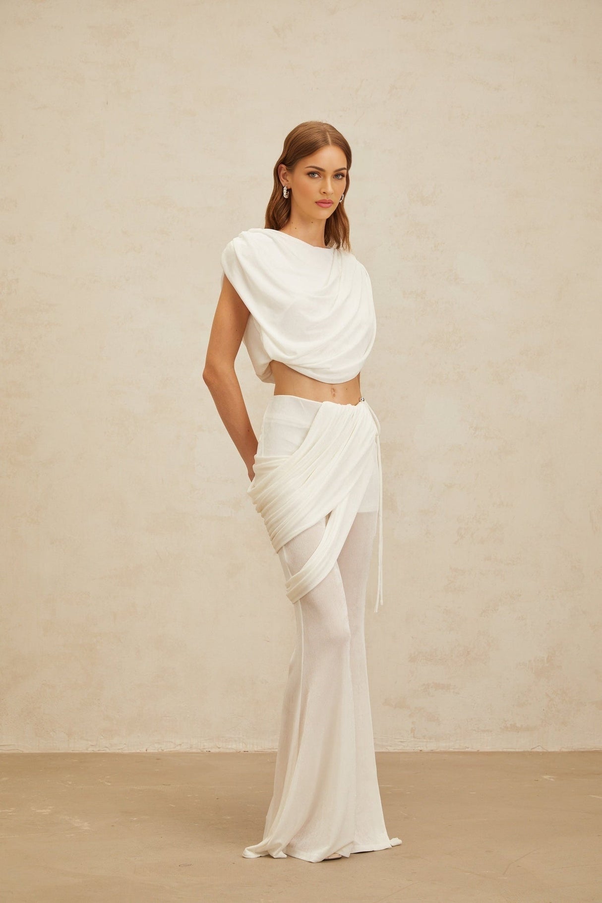 Antonietta Top & Trousers Set - Bateau Neck - Ruched Detailing - Asymmetrical Design - Flared Hem - Self - Tie Fastening